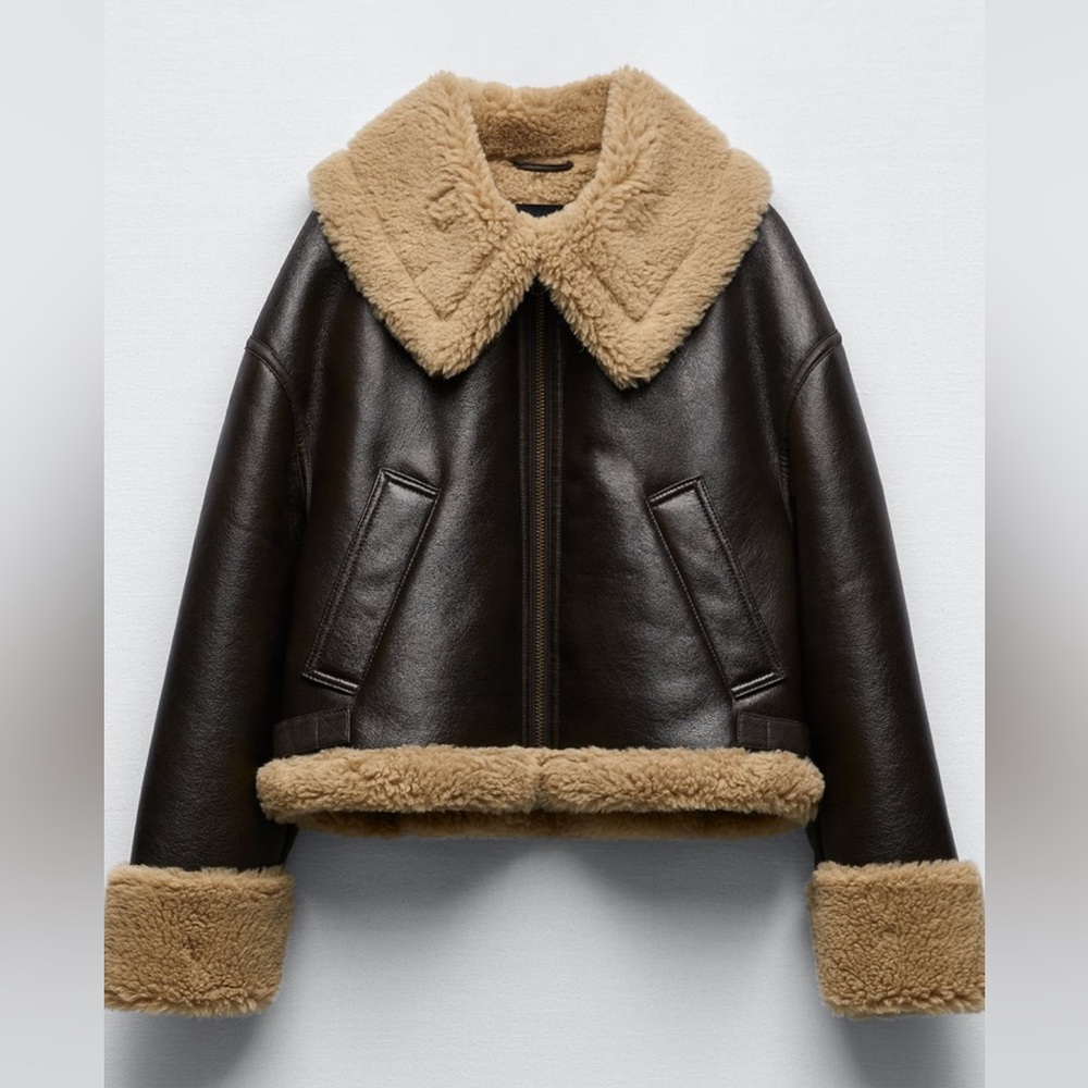 ZARA WOMAN AVIATOR-STYLE  DOUBLE-FACED SHORT JACKET BROWN